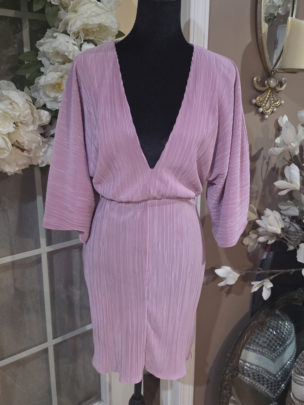 ASOS Plissé Deep V Mini Dress in Lavender